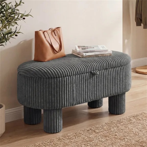 Gray 42 Inch Corduroy Storage Bench, Plush Foam Cushion & Hidden Compartment, 400LBS Seat Weight Capacity - Image 3