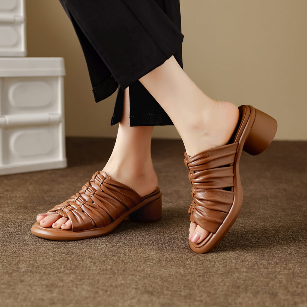 Women's Premium Genuine Lambskin Ruched Slide Sandals, Block Heel Open-Toe Mules