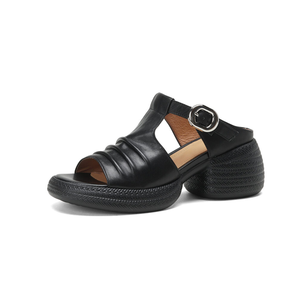 Women's Handcrafted Full-Grain Leather Ruched T-Strap Platform Mule Sandals, Chunky Heel Slides With Buckle