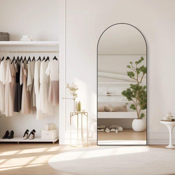 71 Inchx26 Inch Arched Full Length Mirror, Aluminum Alloy Frame Ensures Stability, Standing Design For Bedroom, Black - Image 5