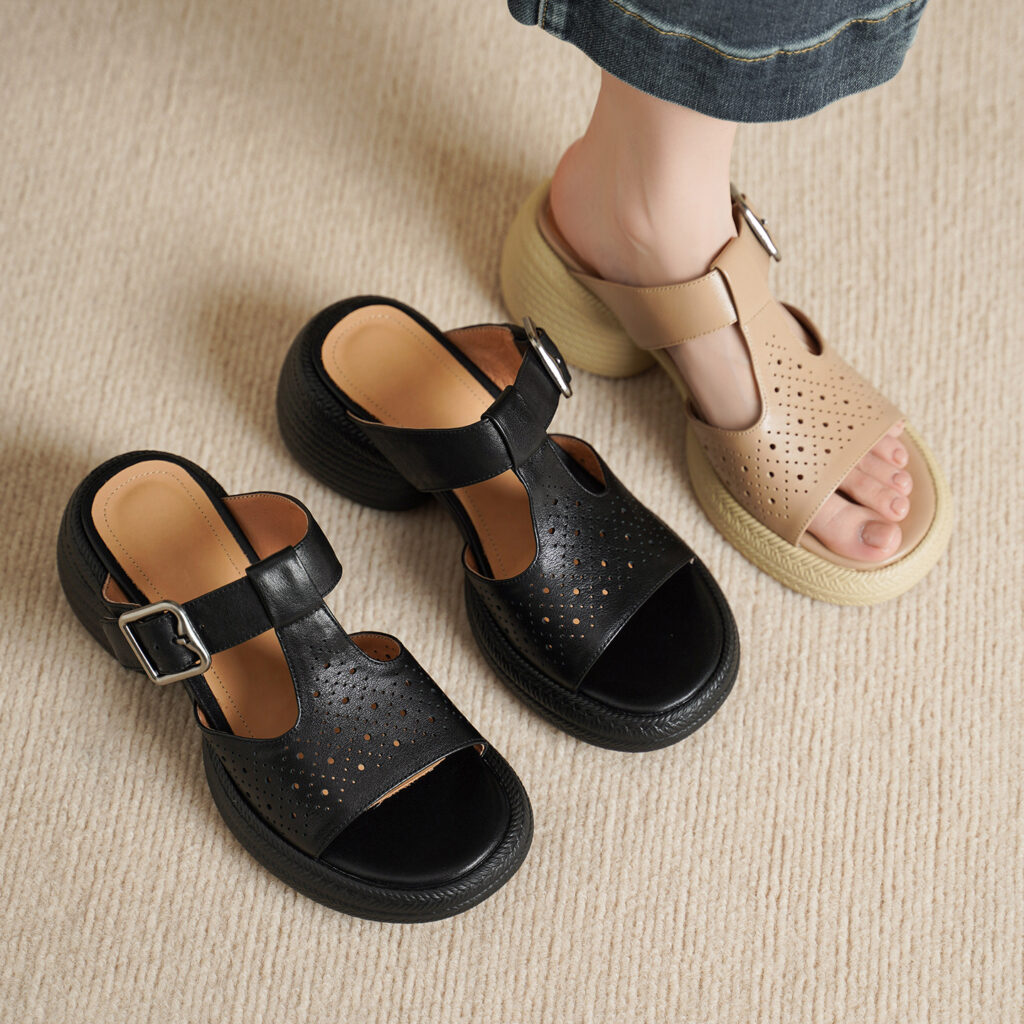 Premium Handmade Washed Leather Perforated Mule Sandals, Women's Chunky Platform T-Strap Slides