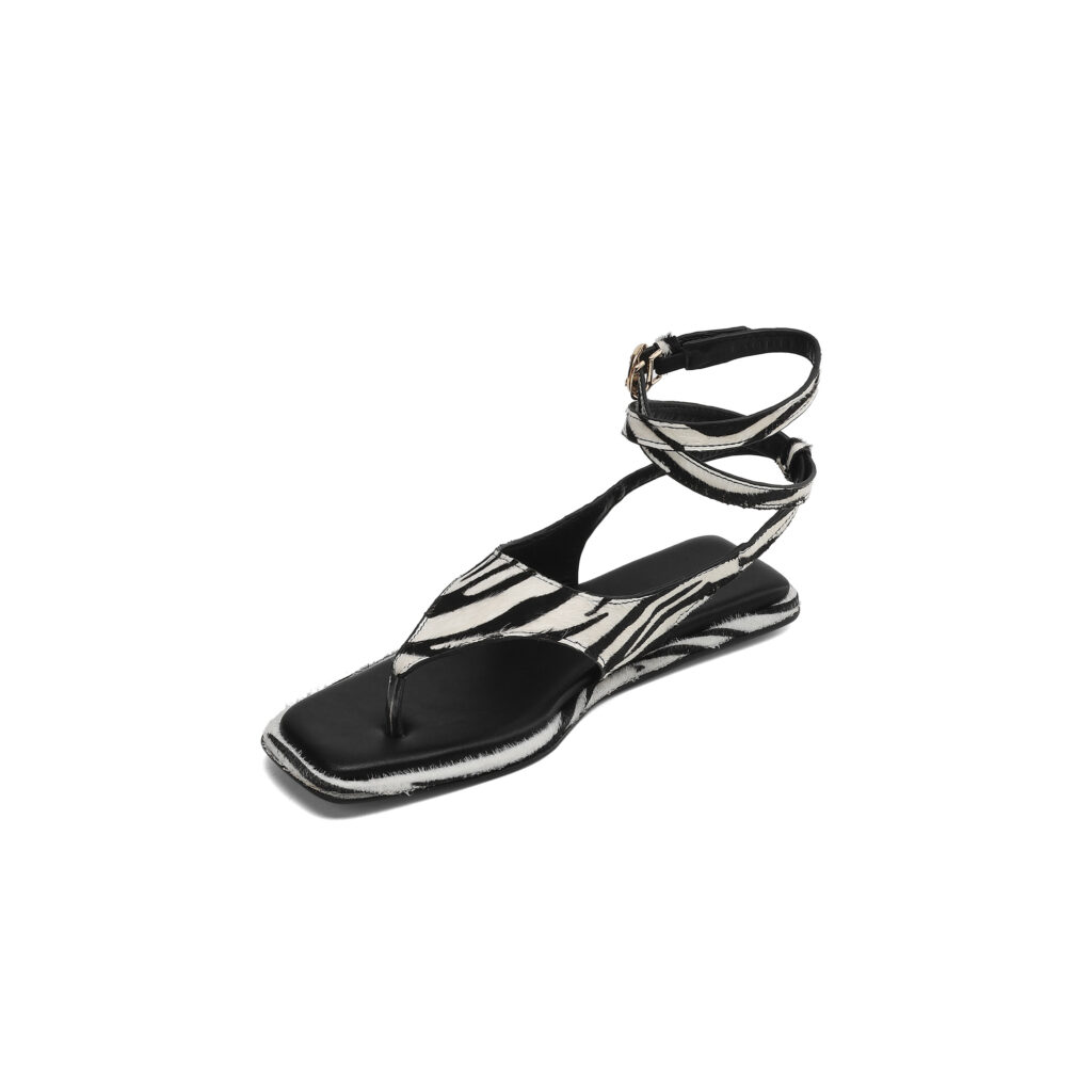 Women's Zebra Print Calf Hair Flat Sandals, Handmade Leather Thong Ankle Strap Shoes