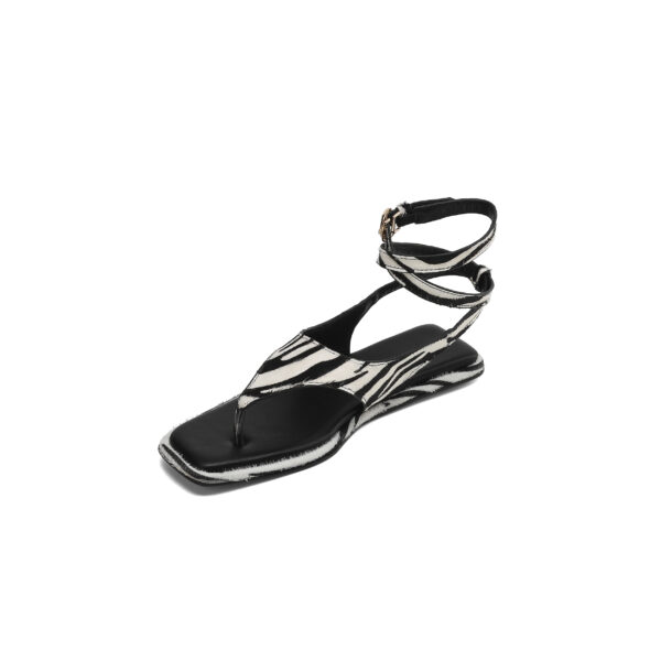 Women's Zebra Print Calf Hair Flat Sandals, Handmade Leather Thong Ankle Strap Shoes - Image 3