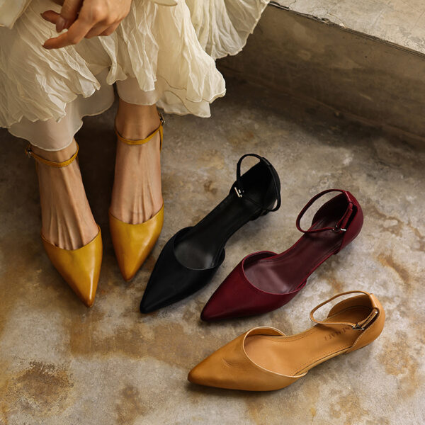 Women's Handmade Washed Leather Ankle Strap Pumps, Genuine Full-Grain Leather Pointed Toe Low Block Heel Sandals