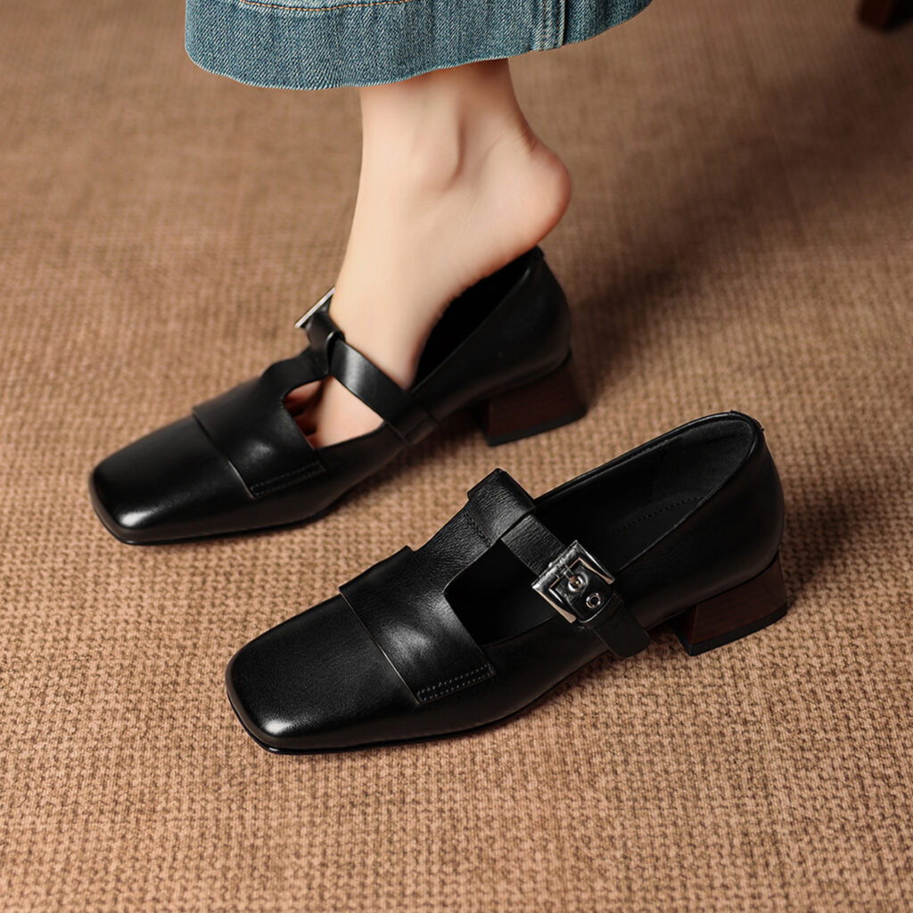 Women's Handmade Full-Grain Leather Mary Jane Shoes, Vintage Square Toe T-Strap Buckle Low Block Heel Pumps