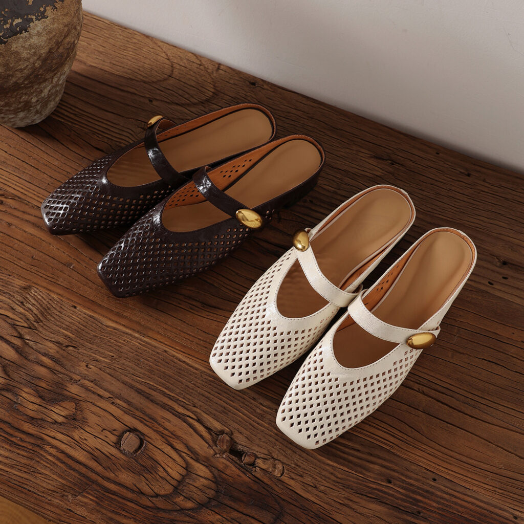 Women's Premium Full-Grain Sheepskin Perforated Mary Jane Mules, Low Block Heel Square Toe Slides