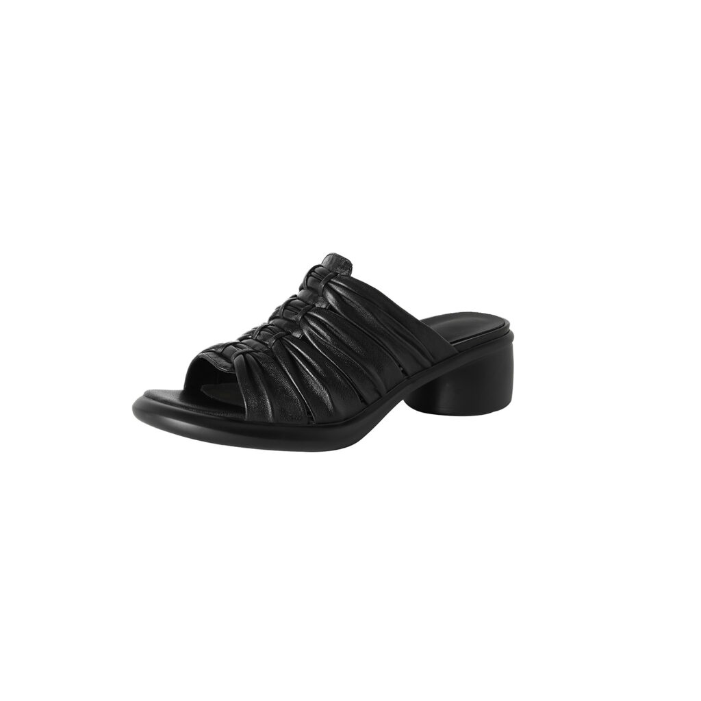 Women's Premium Genuine Lambskin Ruched Slide Sandals, Block Heel Open-Toe Mules