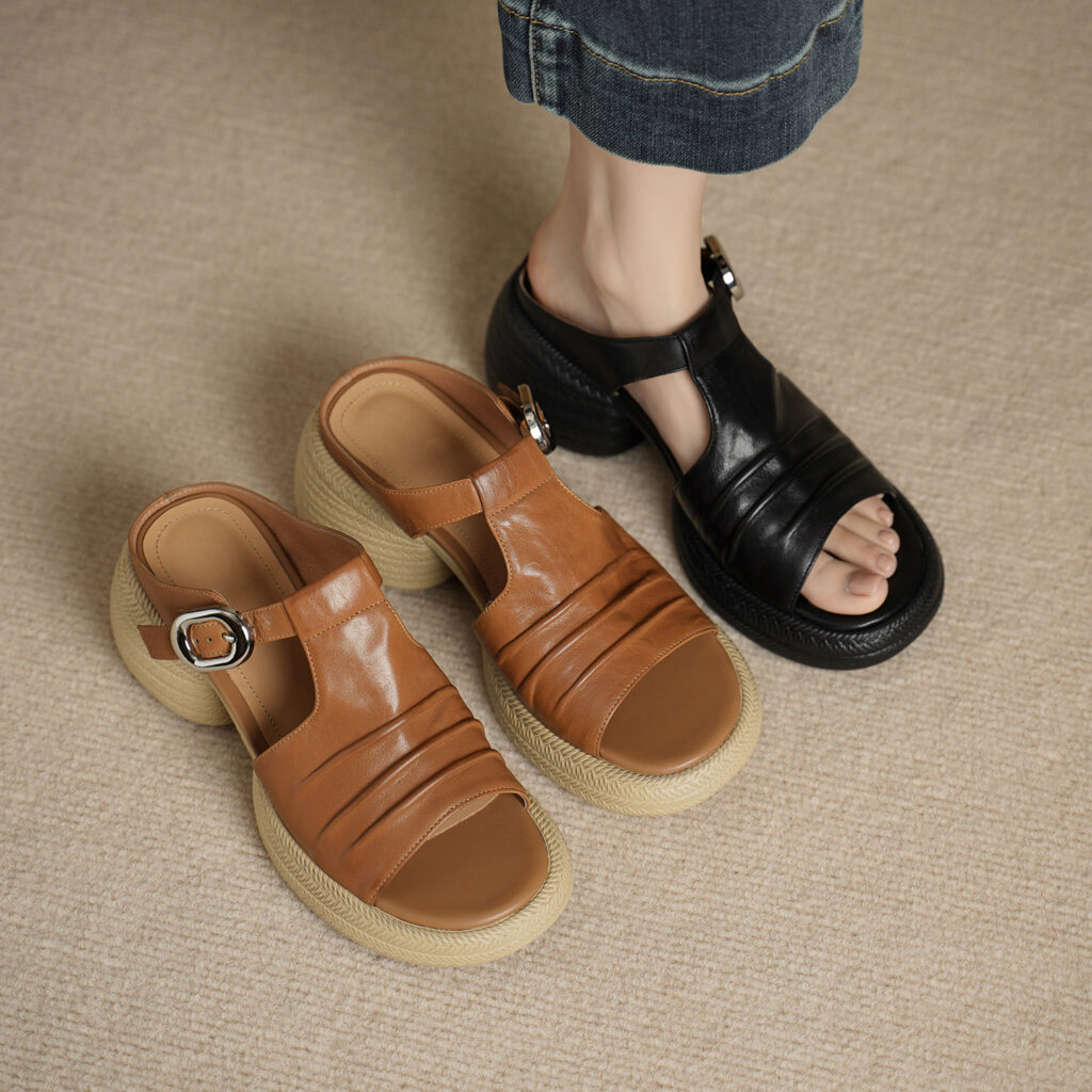 Women's Handcrafted Full-Grain Leather Ruched T-Strap Platform Mule Sandals, Chunky Heel Slides With Buckle
