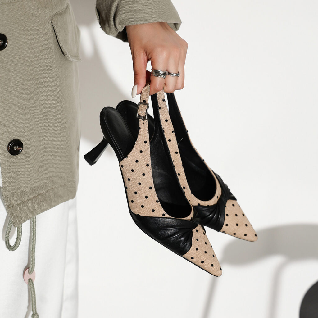 Women's Polka Dot Slingback Heels, Pointed Toe Genuine Lambskin Slingback Pumps