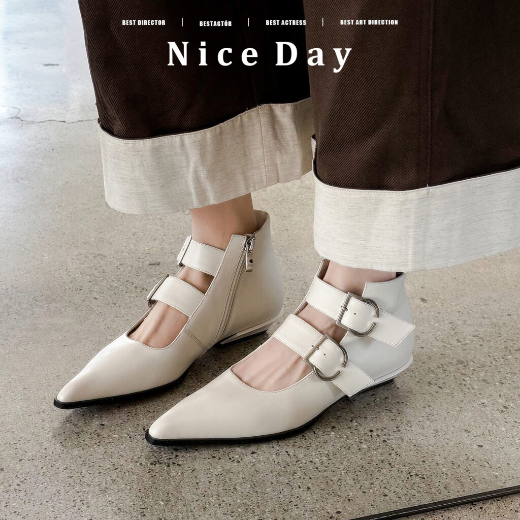 Women's Handmade Full-Grain Leather Mary Jane Ankle Boots, Pointed Toe Double Buckle Low Heel Booties