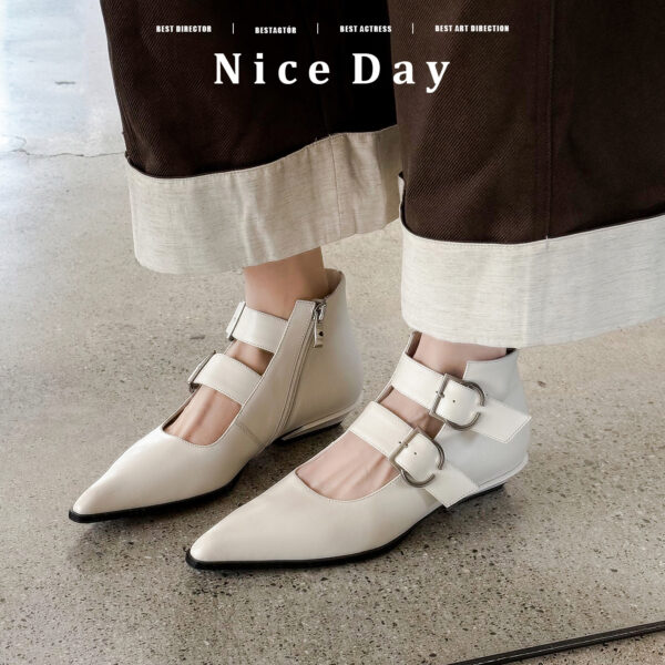 Women's Handmade Full-Grain Leather Mary Jane Ankle Boots, Pointed Toe Double Buckle Low Heel Booties