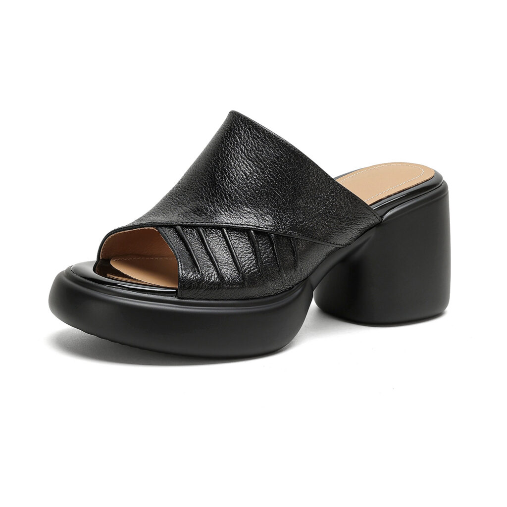 Soft Genuine Lambskin Ruched Block Heel Slides, Ladies Open-Toe Leather Mules