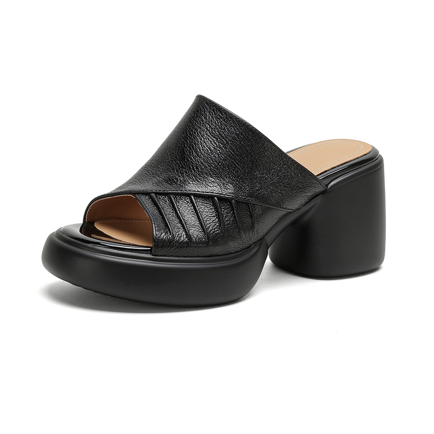 Soft Genuine Lambskin Ruched Block Heel Slides, Ladies Open-Toe Leather Mules - Image 14