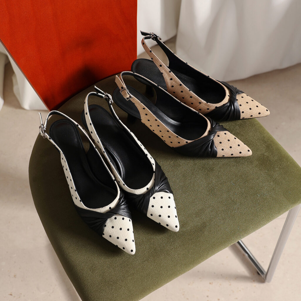 Women's Polka Dot Slingback Heels, Pointed Toe Genuine Lambskin Slingback Pumps