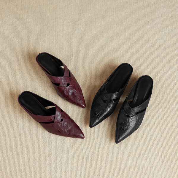 Women's Full-Grain Lambskin Pointed Toe Mules, Handmade Leather Crisscross Low Heel Slides - Image 7