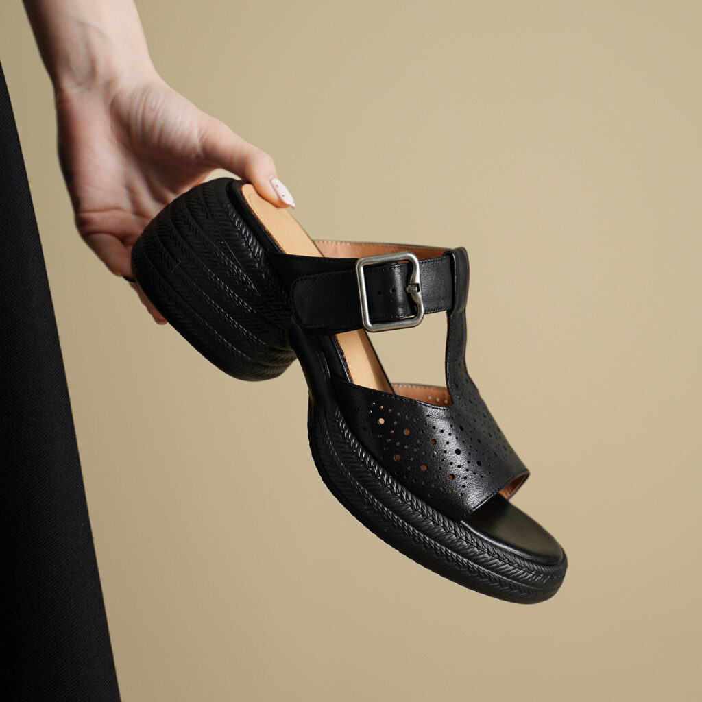 Premium Handmade Washed Leather Perforated Mule Sandals, Women's Chunky Platform T-Strap Slides
