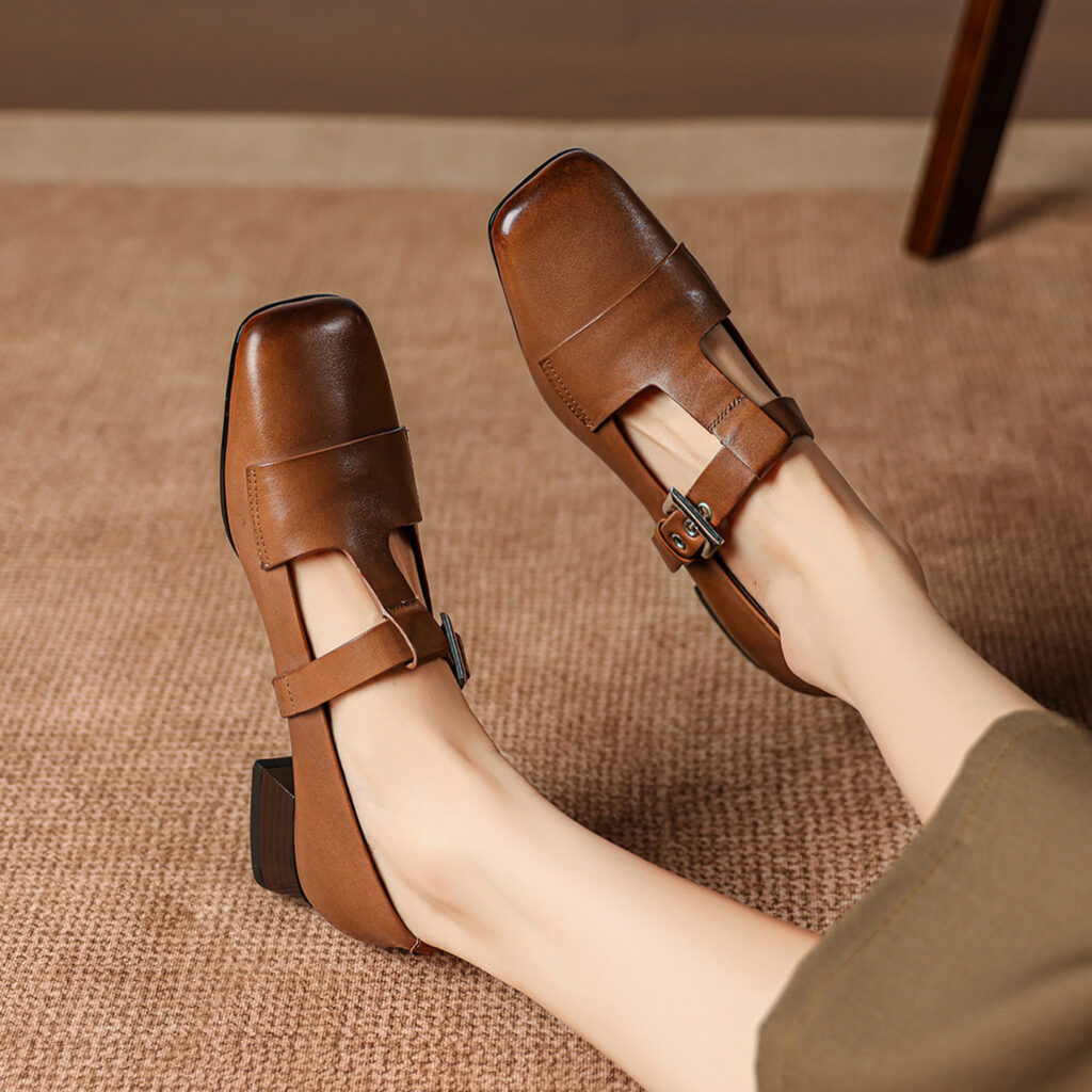 Women's Handmade Full-Grain Leather Mary Jane Shoes, Vintage Square Toe T-Strap Buckle Low Block Heel Pumps
