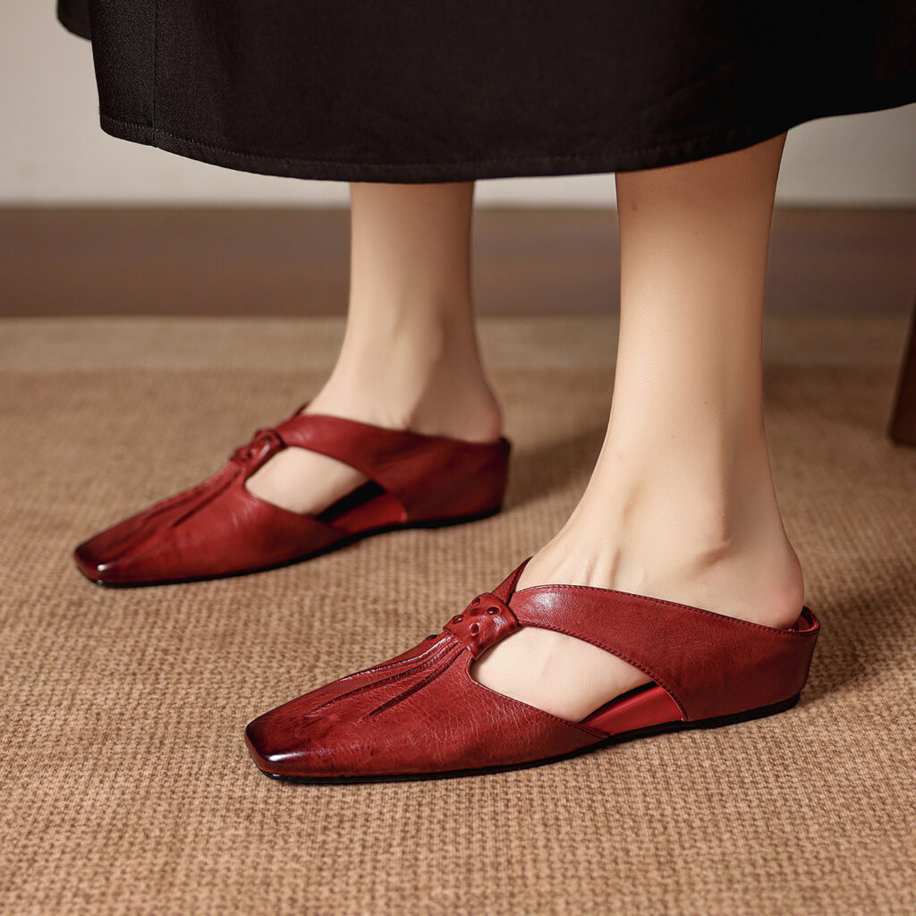 Women's Handmade Full-Grain Leather Mule Sandals, Vintage Square Toe T-Strap Slip-On Flat Shoes