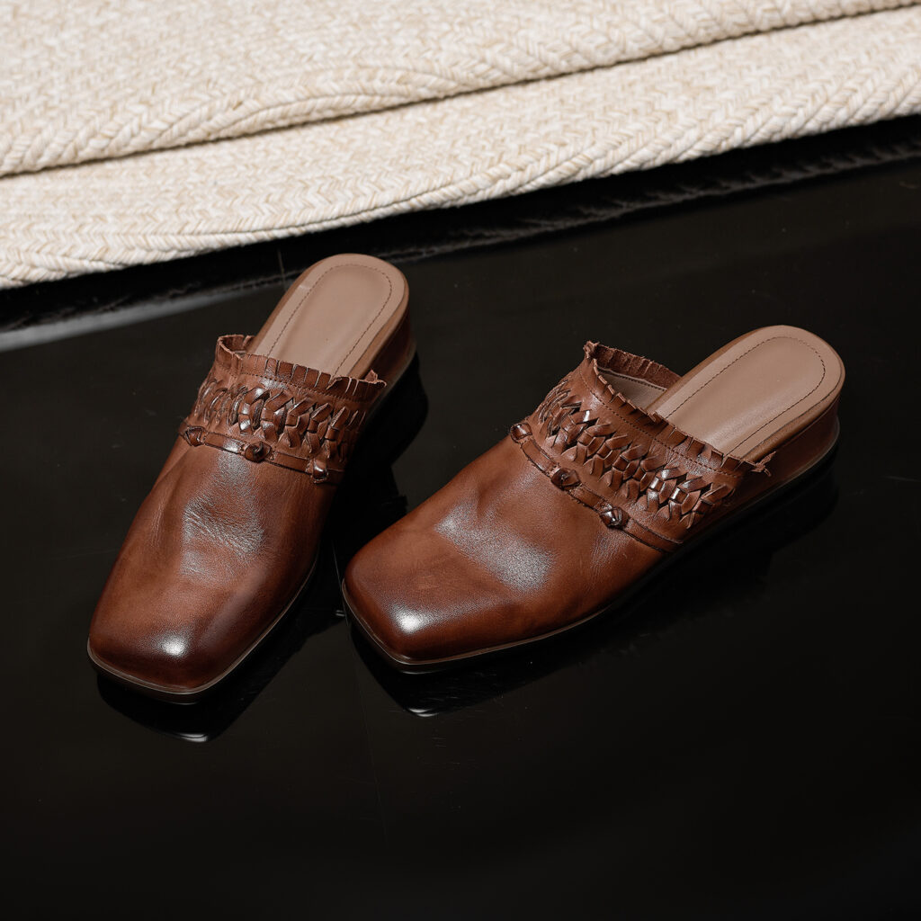 Women's Washed Full-Grain Leather Wedge Mules, Handwoven Cowhide Square Toe Slides