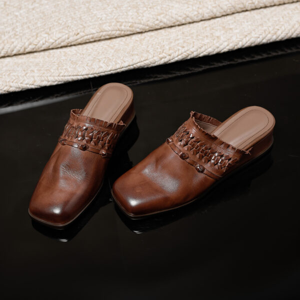 Women's Washed Full-Grain Leather Wedge Mules, Handwoven Cowhide Square Toe Slides - Image 7