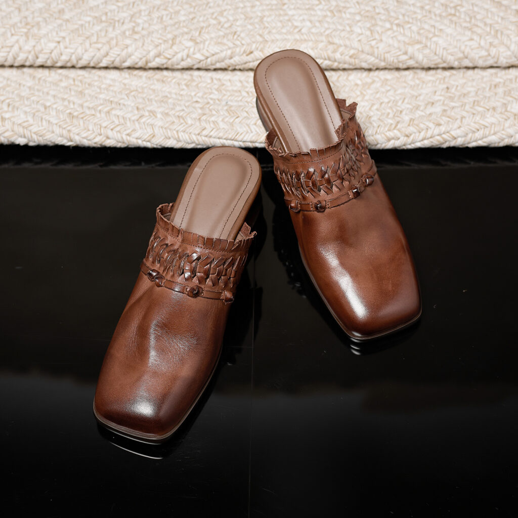 Women's Washed Full-Grain Leather Wedge Mules, Handwoven Cowhide Square Toe Slides