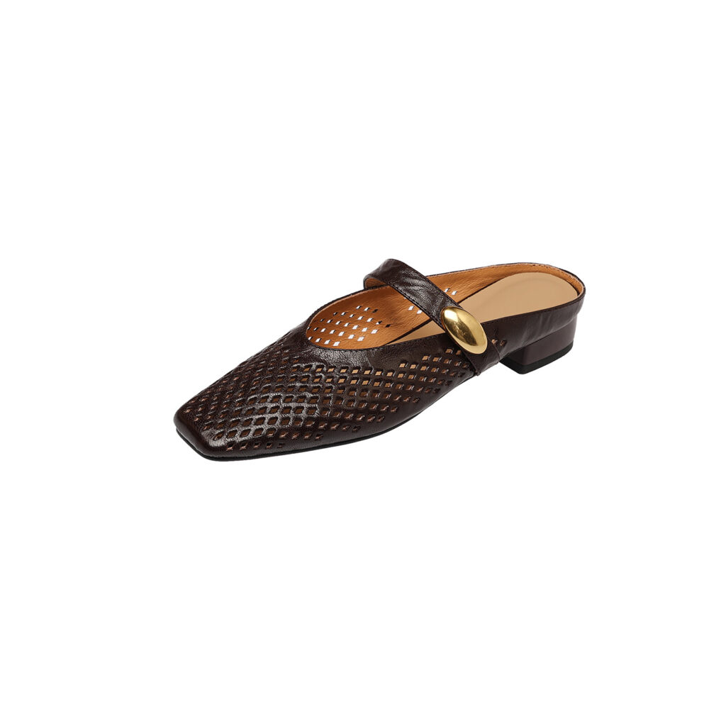 Women's Premium Full-Grain Sheepskin Perforated Mary Jane Mules, Low Block Heel Square Toe Slides