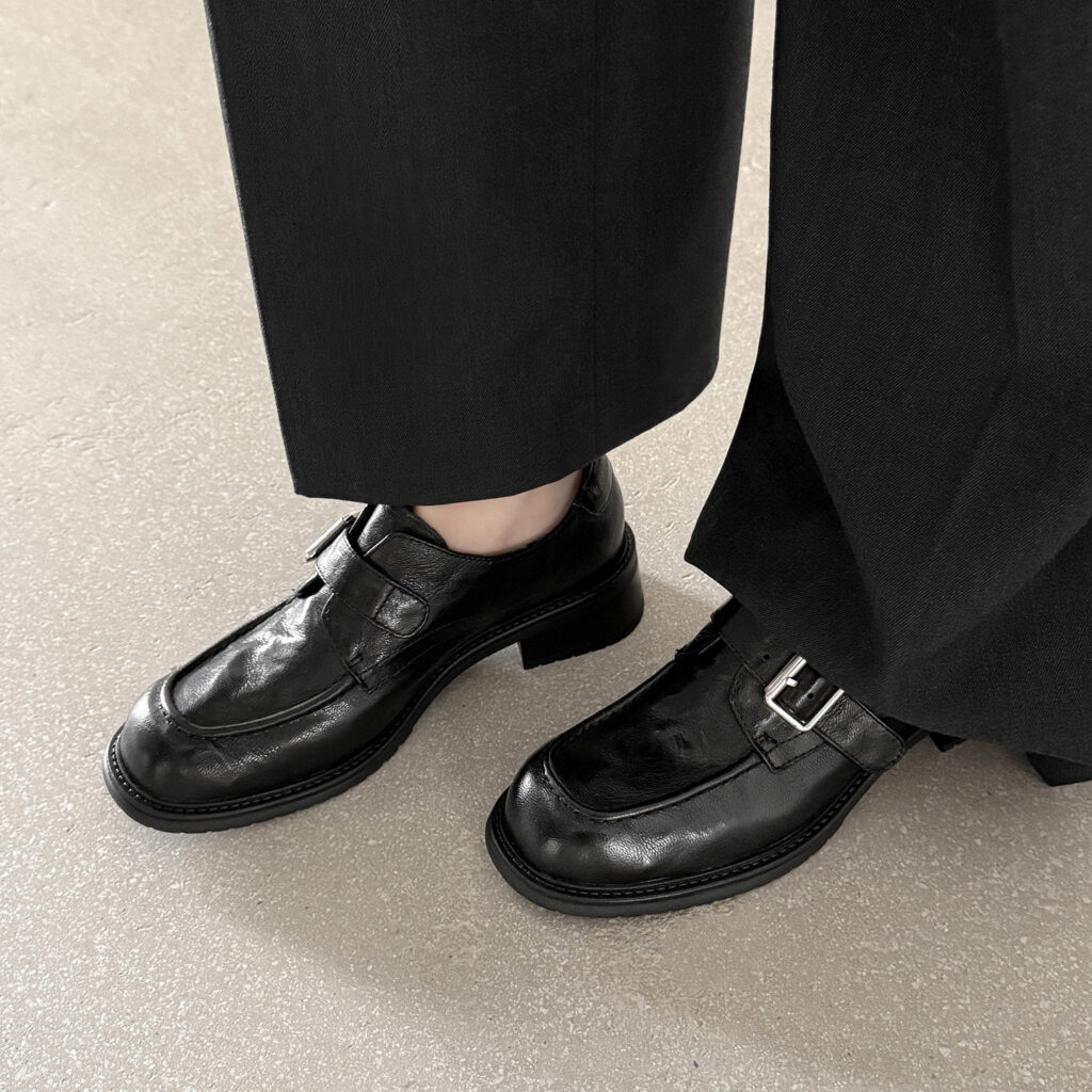 Women's Full-Grain Washed Leather Loafers, Handmade Buckle Monk Strap Low Heel Shoes