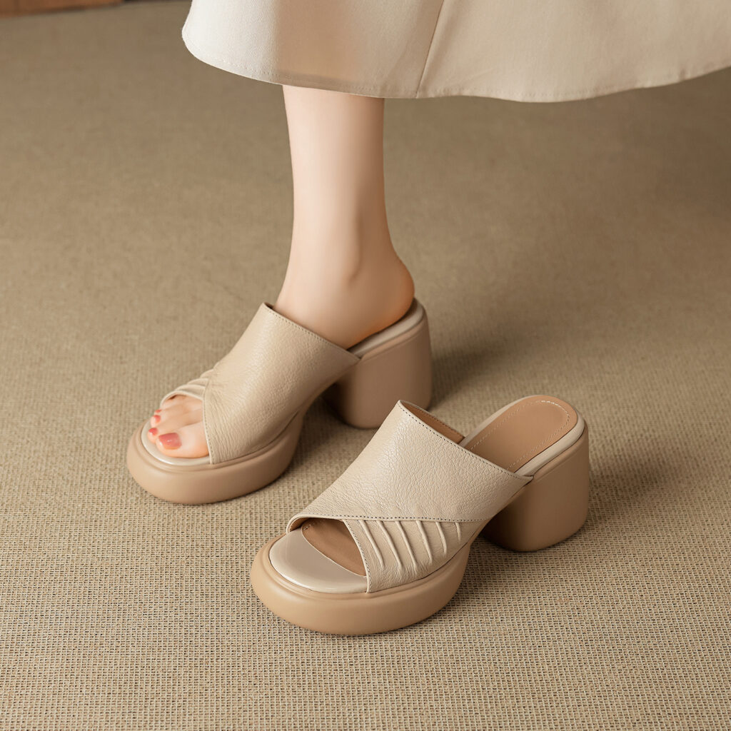 Soft Genuine Lambskin Ruched Block Heel Slides, Ladies Open-Toe Leather Mules