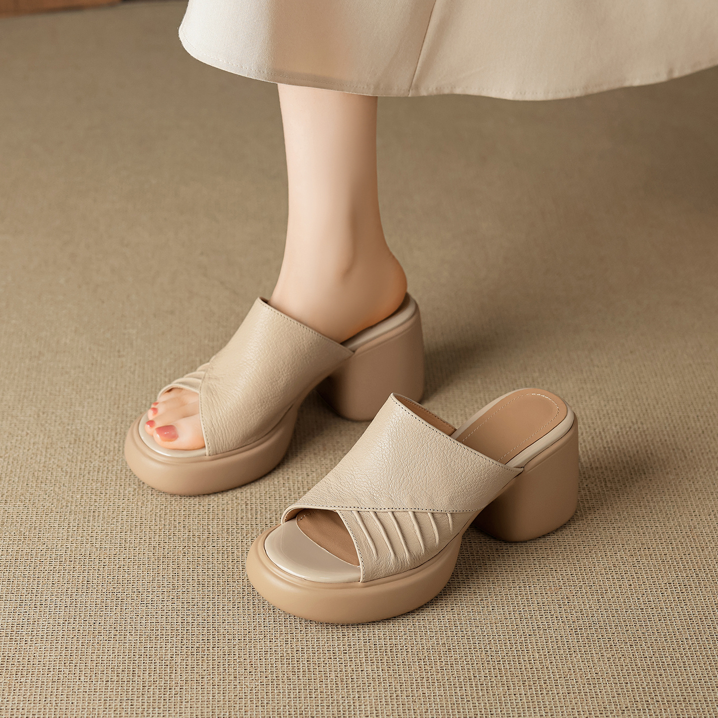 Soft Genuine Lambskin Ruched Block Heel Slides, Ladies Open-Toe Leather Mules - Image 3