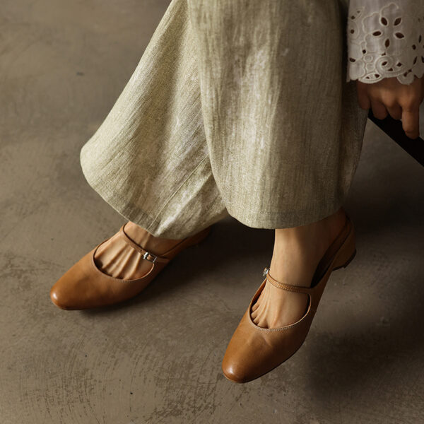 Women's Washed Full Grain Leather Mary Jane Mules, Low Heel Square Toe Slide Sandals - Image 7