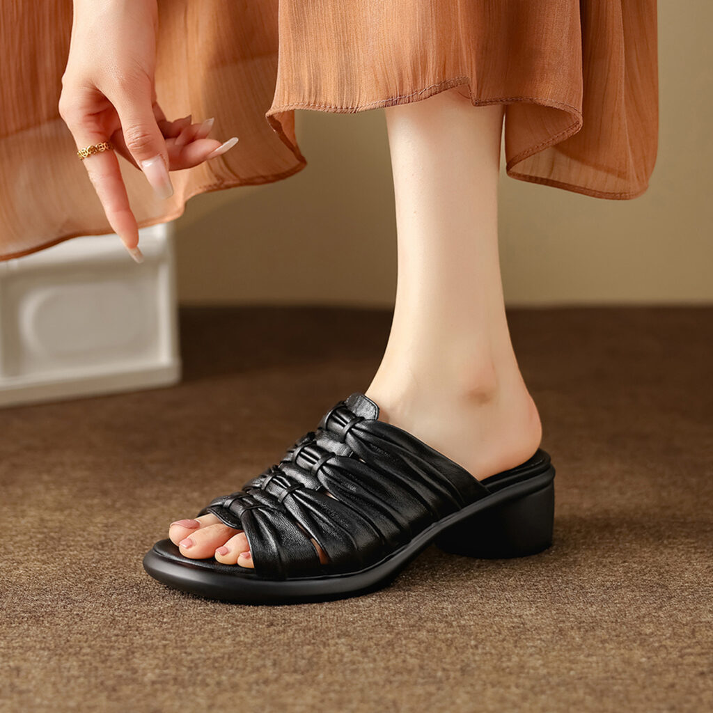 Women's Premium Genuine Lambskin Ruched Slide Sandals, Block Heel Open-Toe Mules