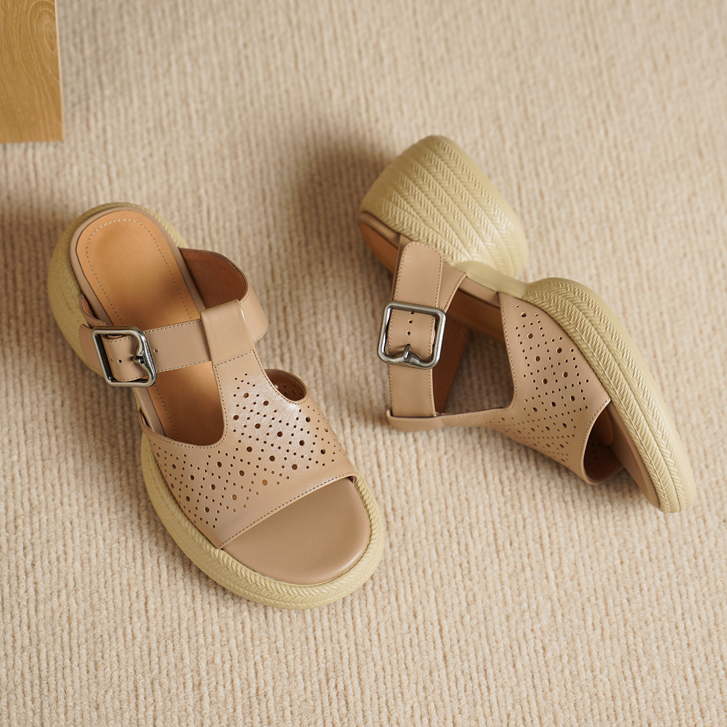 Premium Handmade Washed Leather Perforated Mule Sandals, Women's Chunky Platform T-Strap Slides - Image 4