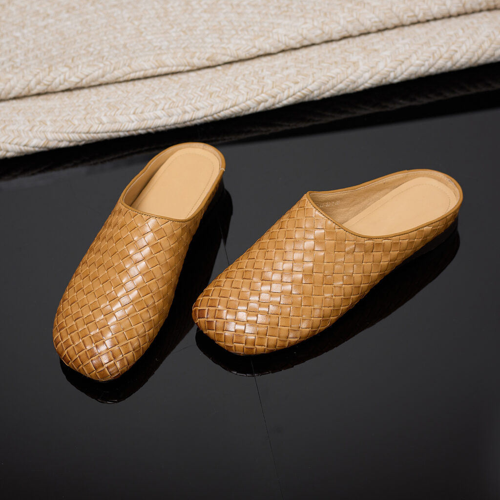Women's Handwoven Full-Grain Leather Mules, Premium Cowhide Square Toe Slip-On Slides