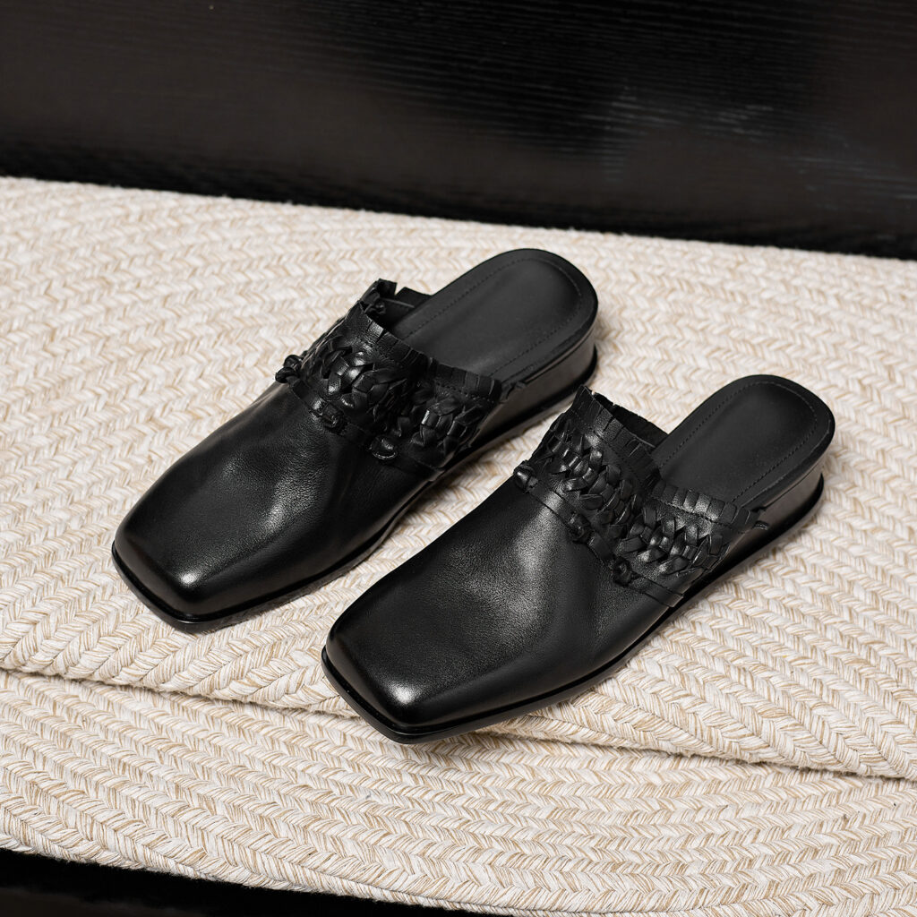 Women's Washed Full-Grain Leather Wedge Mules, Handwoven Cowhide Square Toe Slides