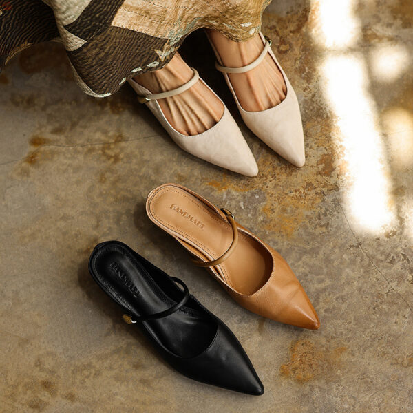 Women's Washed Full Grain Leather Pointed Toe Mary Jane Mules, Low Block Heel Slide Sandals - Image 3
