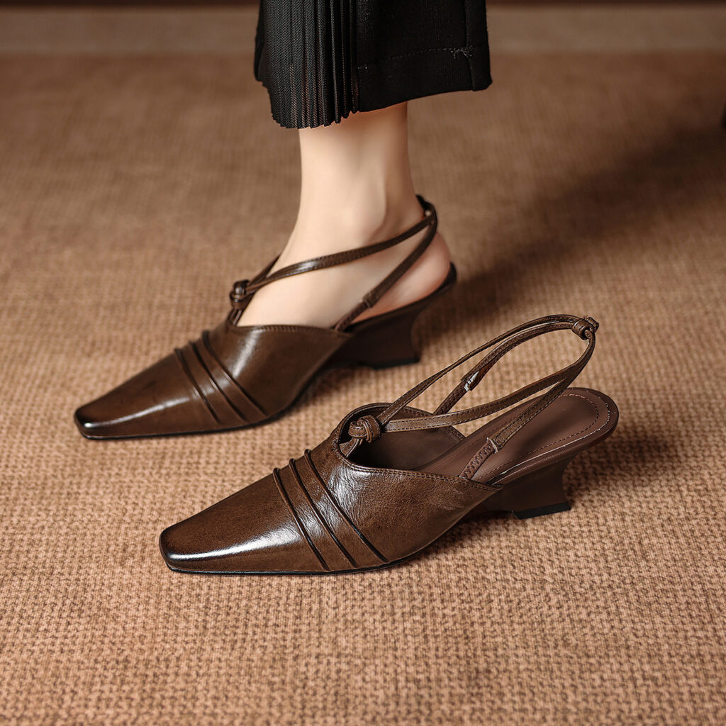 Premium Handmade Washed Leather Wedge Sandals, Women's Knotted Slingback Square Toe Shoes