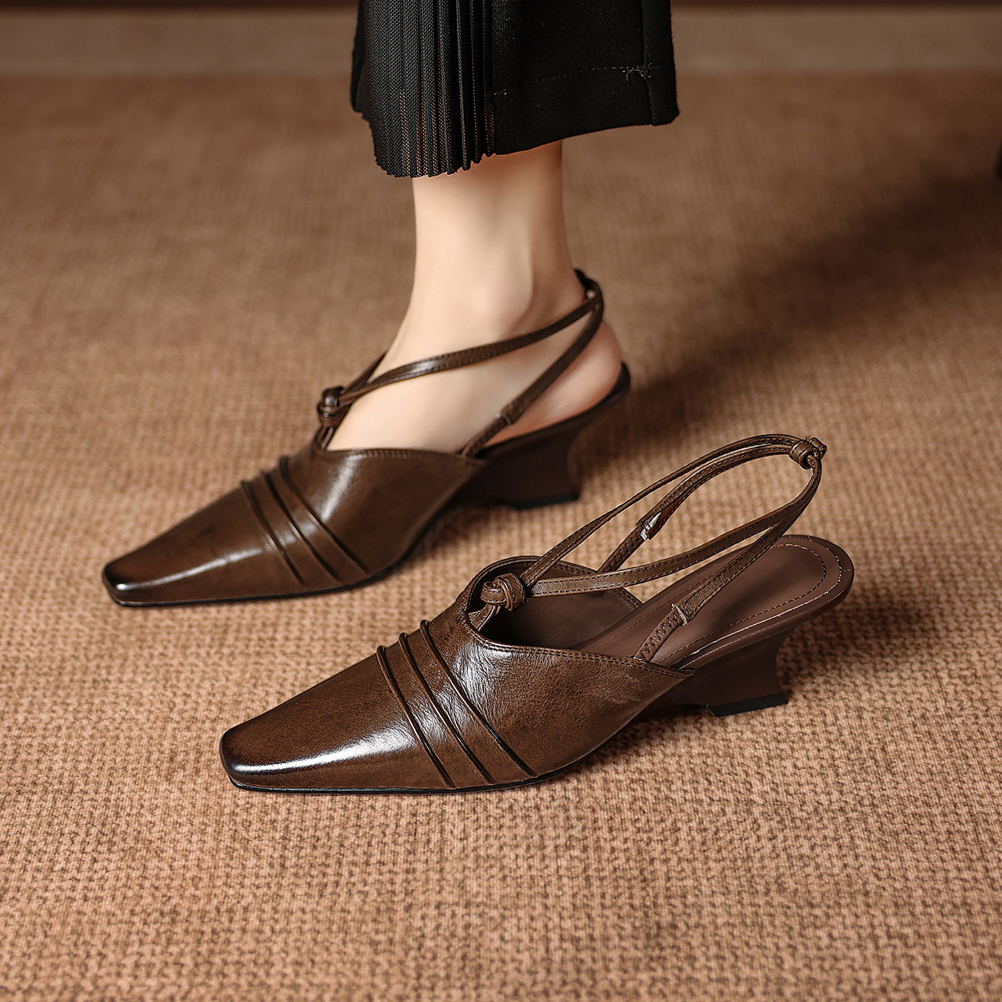 Premium Handmade Washed Leather Wedge Sandals, Women's Knotted Slingback Square Toe Shoes - Image 8