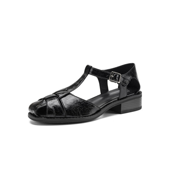 Women's Washed Full-Grain Leather Fisherman Sandals, Handmade Woven T-Strap Block Heel Shoes - Image 9