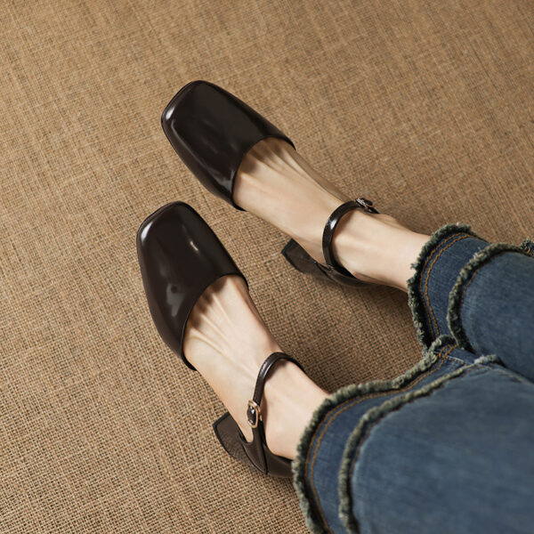 Women's Full-Grain Cowhide Mary Jane Block Heel Sandals, Handmade Leather Square Toe Heels - Image 8
