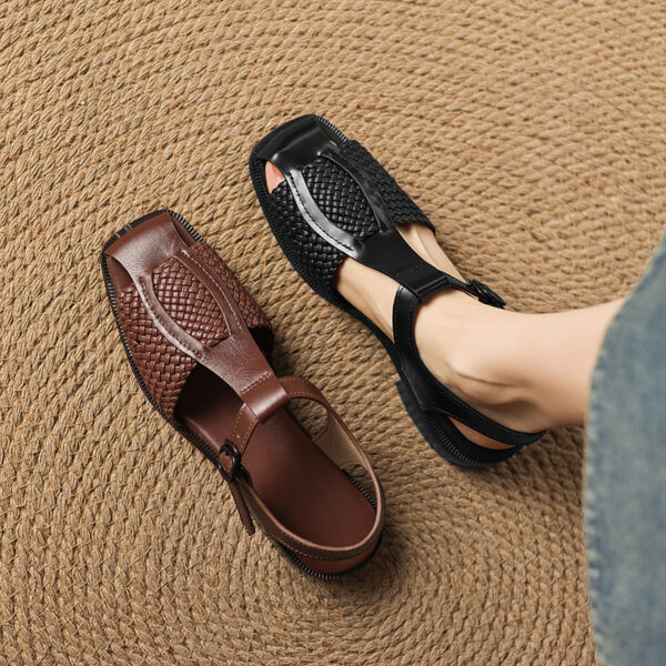 Women's Washed Full Grain Leather Woven T-Strap Sandals, Square Toe Block Heel Closed-Toe Shoes - Image 8