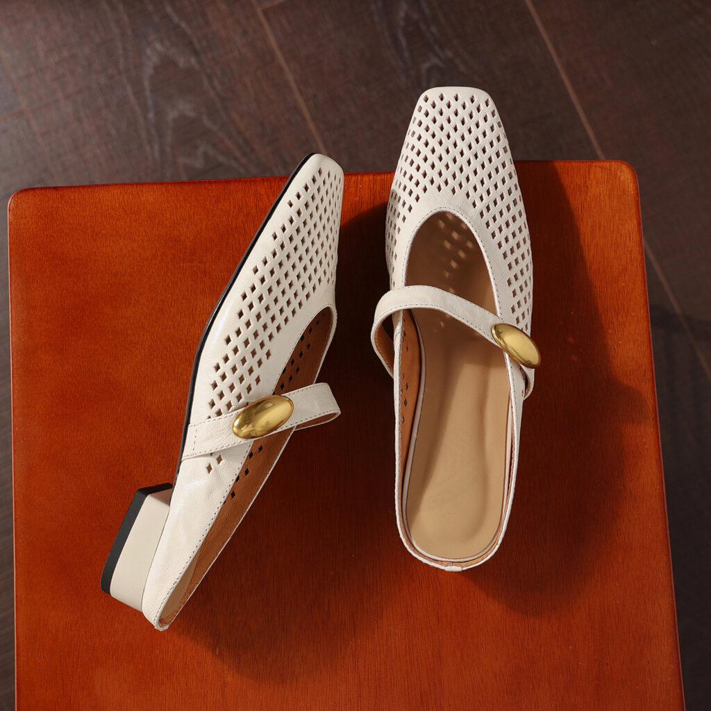 Women's Premium Full-Grain Sheepskin Perforated Mary Jane Mules, Low Block Heel Square Toe Slides