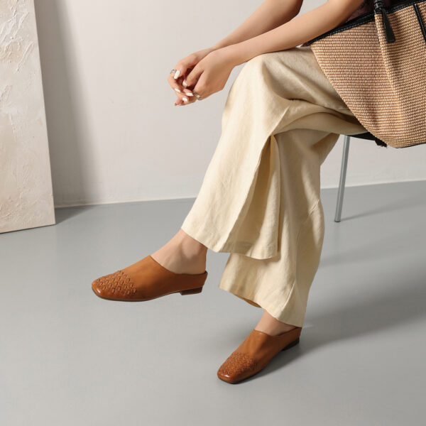 Women's Hand-Woven Washed Full Grain Leather Mules, Square Toe Slip-On Backless Loafers - Image 7