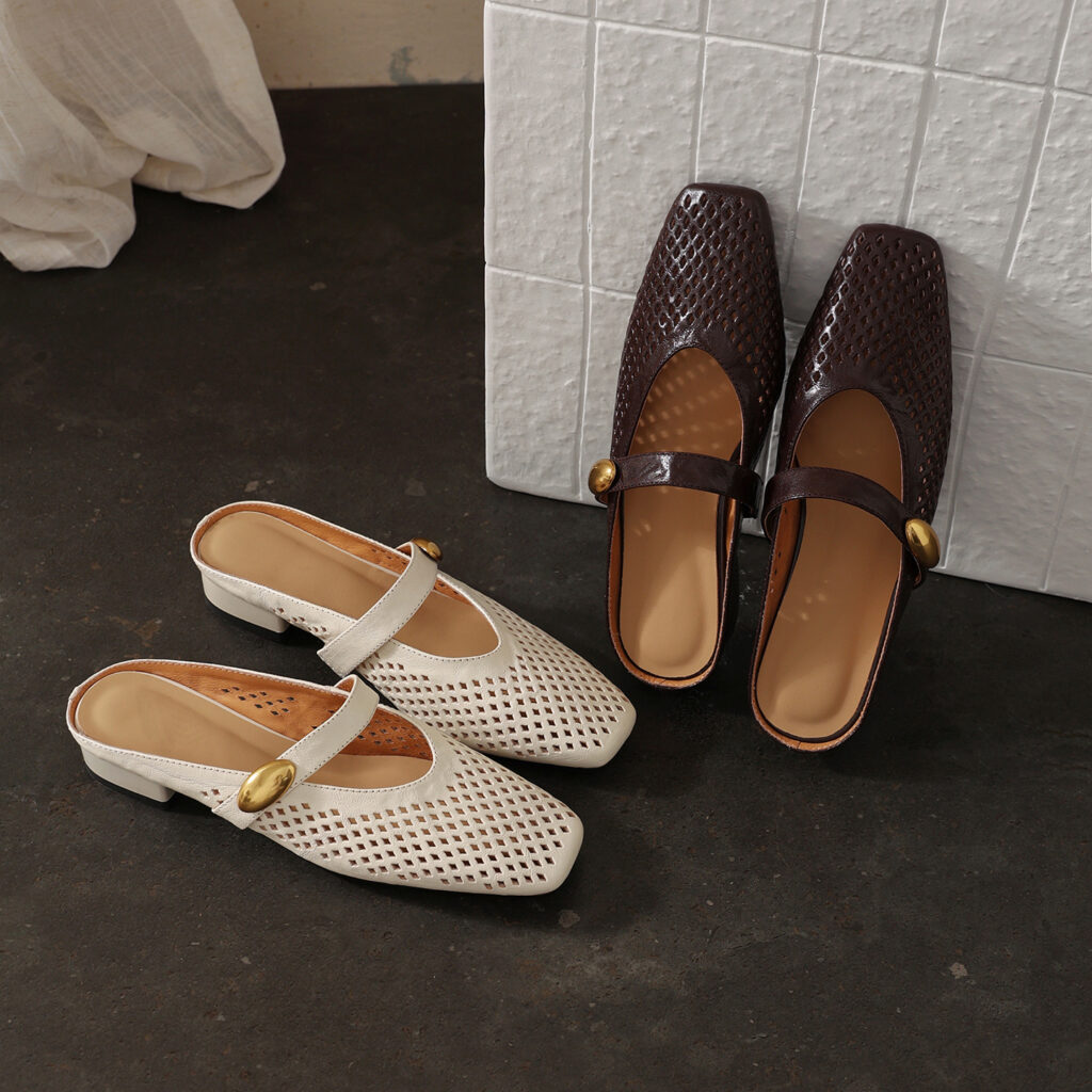 Women's Premium Full-Grain Sheepskin Perforated Mary Jane Mules, Low Block Heel Square Toe Slides