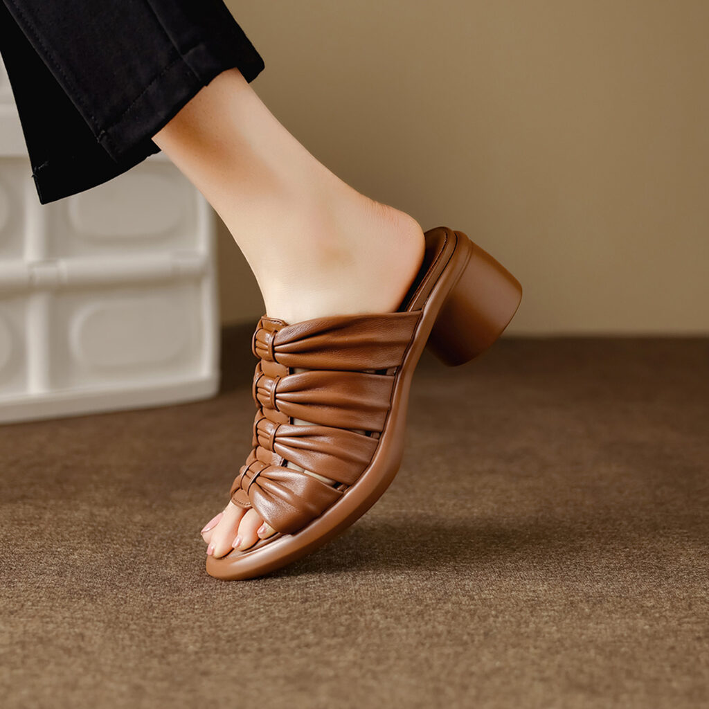 Women's Premium Genuine Lambskin Ruched Slide Sandals, Block Heel Open-Toe Mules