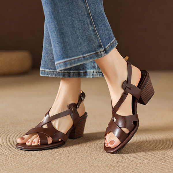 Women's Full-Grain Cowhide Cross-Strap Sandals, Block Heel Handmade Leather Heeled Sandals - Image 2