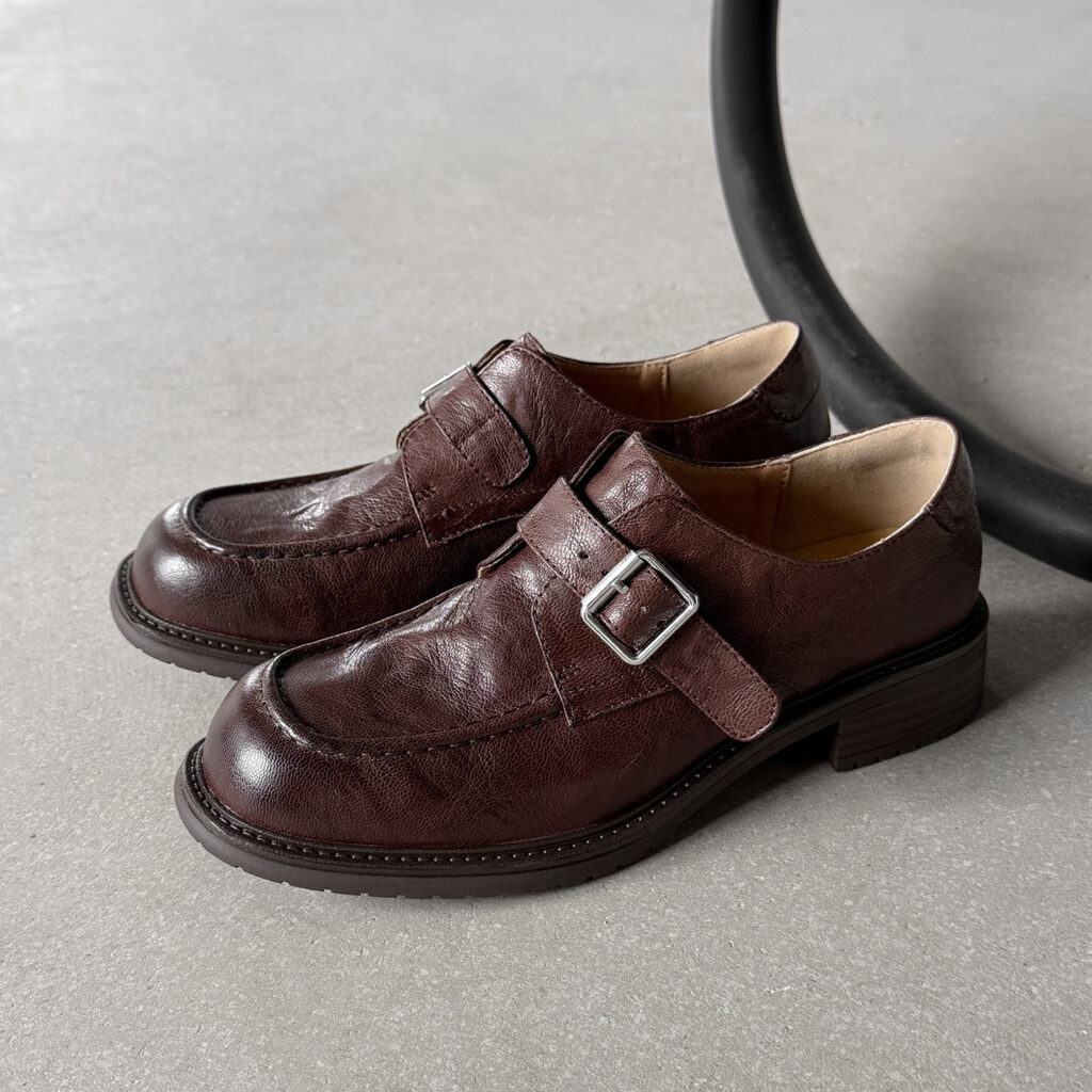 Women's Full-Grain Washed Leather Loafers, Handmade Buckle Monk Strap Low Heel Shoes