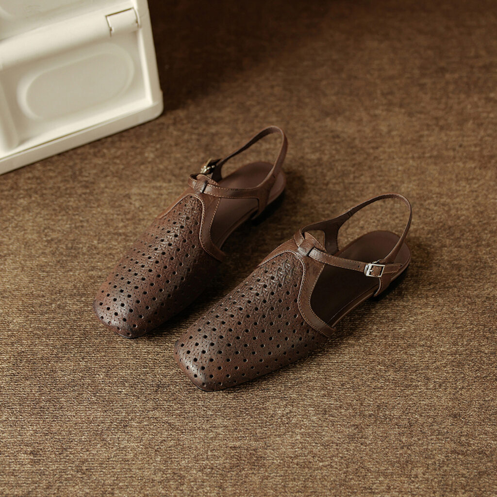 Women's Washed Full Grain Leather Slingback Sandals, Perforated T-Strap Closed-Toe Flat Shoes