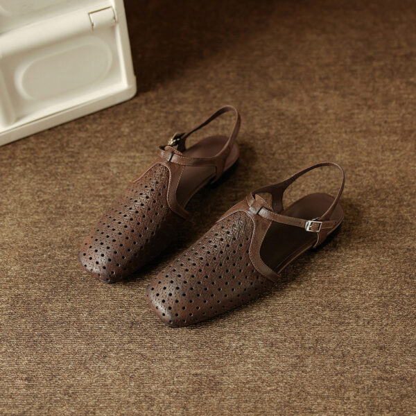 Women's Washed Full Grain Leather Slingback Sandals, Perforated T-Strap Closed-Toe Flat Shoes - Image 4
