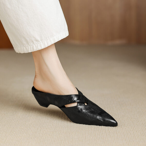 Women's Full-Grain Lambskin Pointed Toe Mules, Handmade Leather Crisscross Low Heel Slides - Image 8
