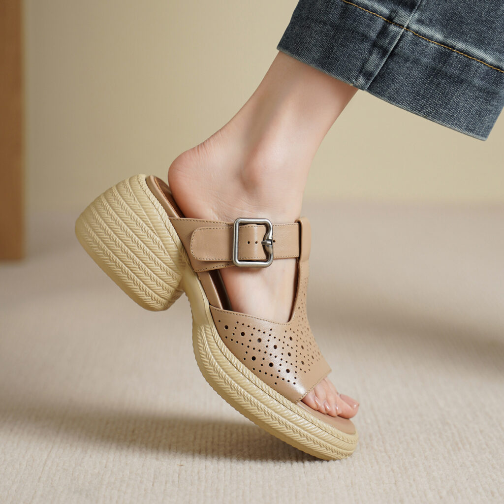 Premium Handmade Washed Leather Perforated Mule Sandals, Women's Chunky Platform T-Strap Slides